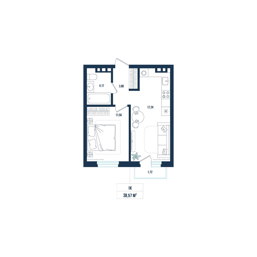Планировка: Евродвушка 38.6 м² в ЖК Смородина, ЖК Смородина