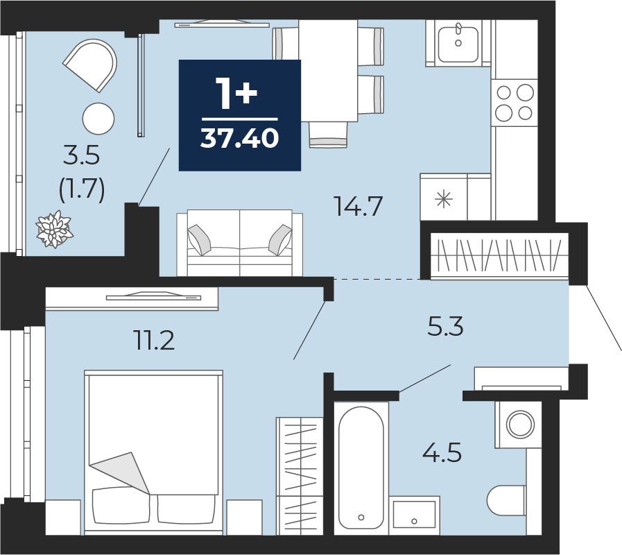 Планировка: Евродвушка 39.2 м² в ЖК Мириады, Мыс