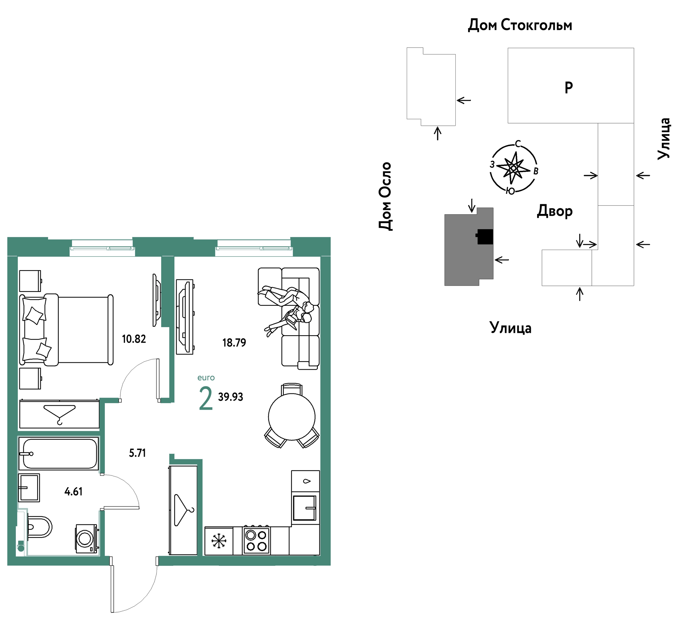 Планировка: Евродвушка 39.9 м² в ЖК Европейский берег 2.0, Европейский