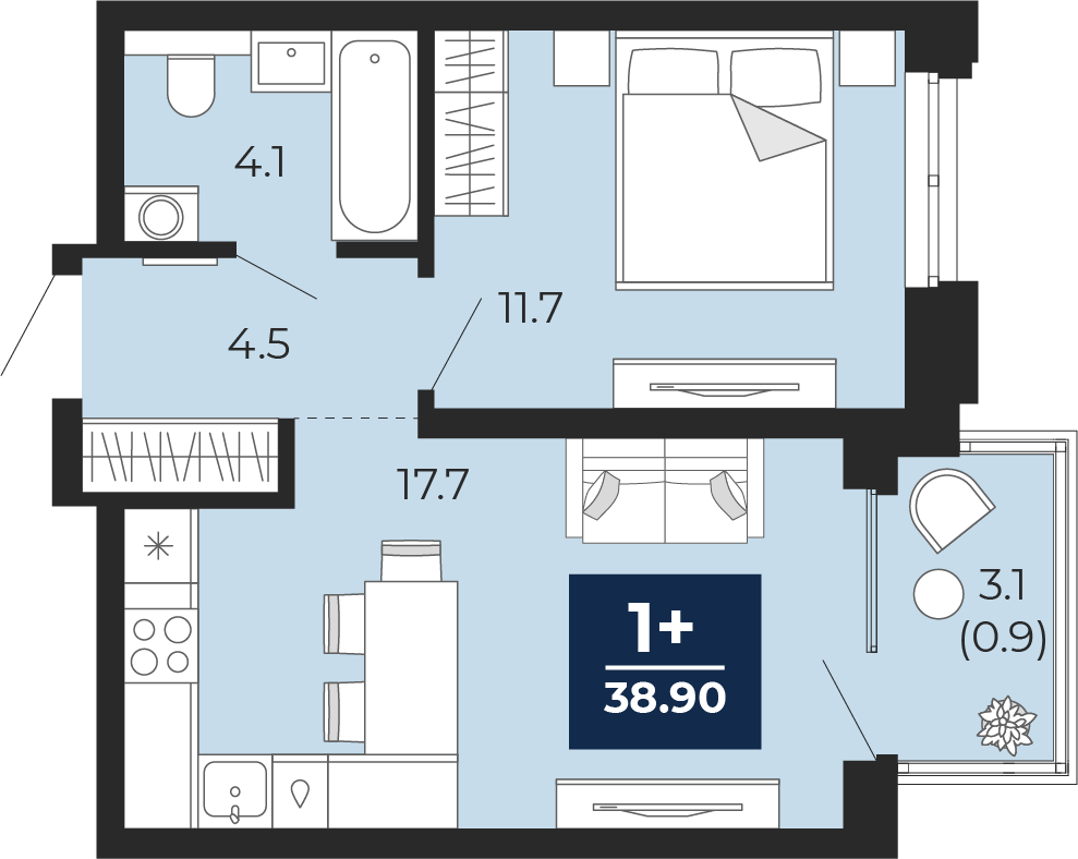 Планировка: Евродвушка 41.1 м² в ЖК Мириады, Мыс