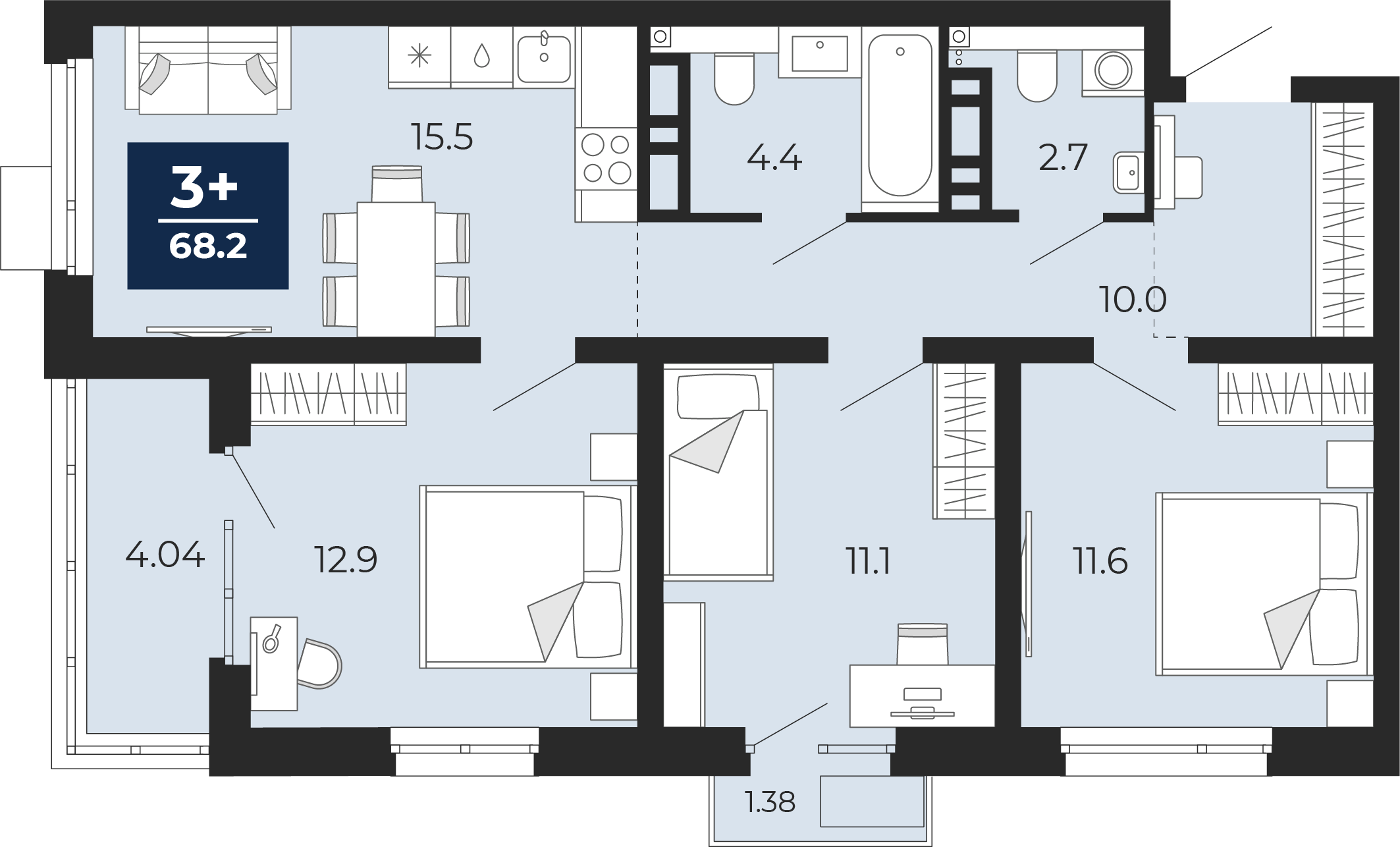 Планировка: 4-комнатная евро 75 м² в ЖК Прео, Тюменская слобода