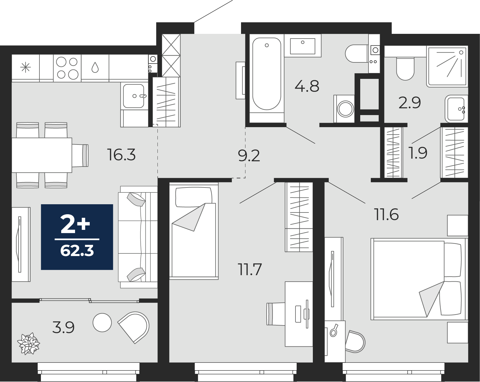 Планировка: Евротрешка 63.5 м² в ЖК Прео, Тюменская слобода