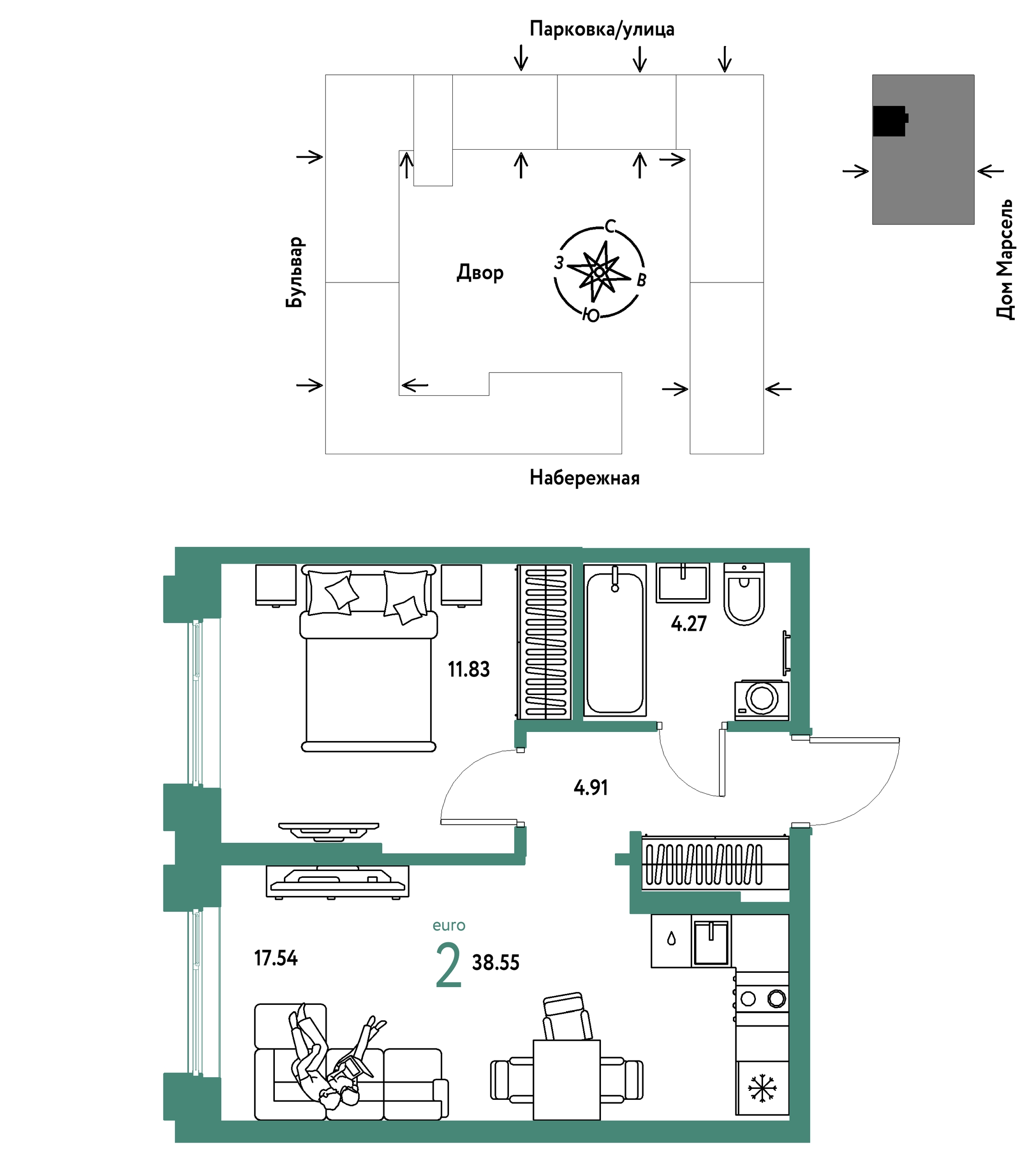 Планировка: Евродвушка 38.5 м² в ЖК Европейский берег 2.0, Европейский