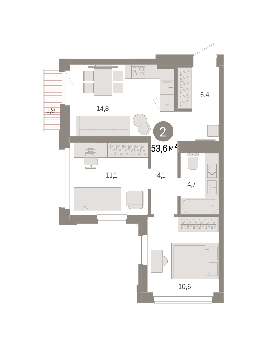 Планировка: 2-комнатная 53.6 м² в ЖК Зарека, Заречный