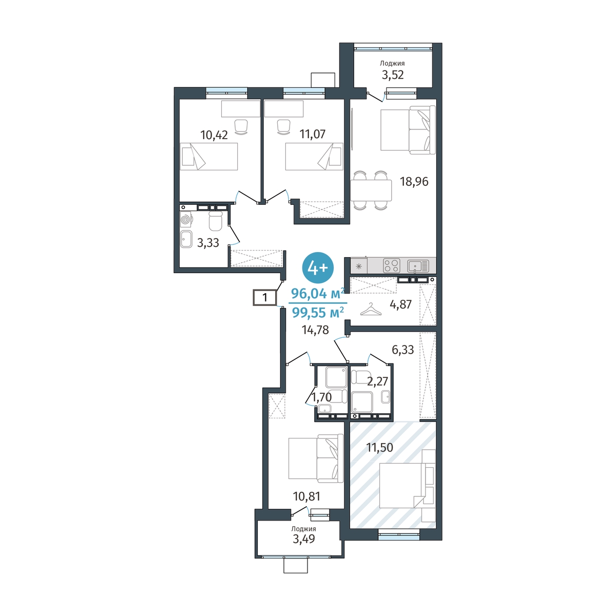 Планировка: 5-комнатная евро 99.5 м² в ЖК Гринвуд, От Слободы до Комарово парк