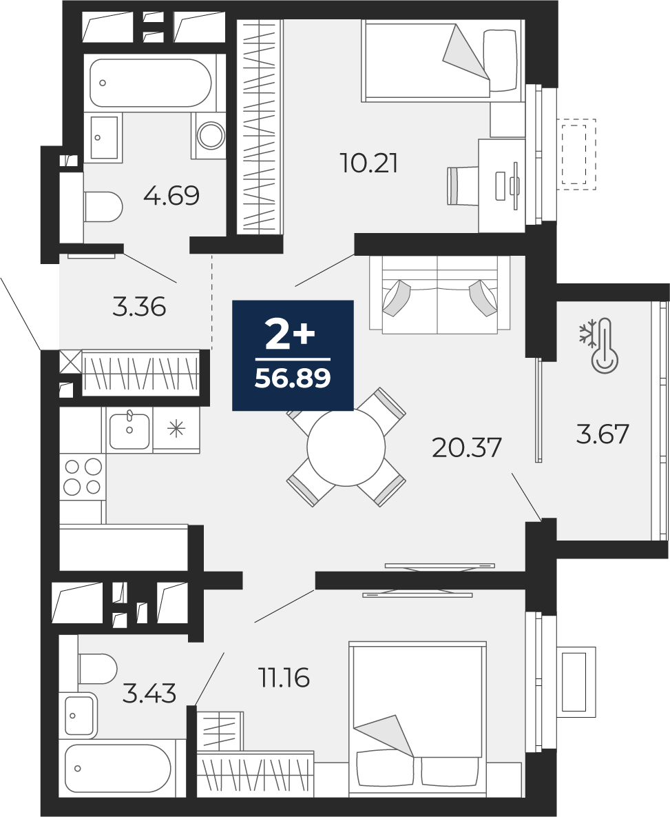Планировка: Евротрешка 56.9 м² в ЖК Беринг, Лесобаза