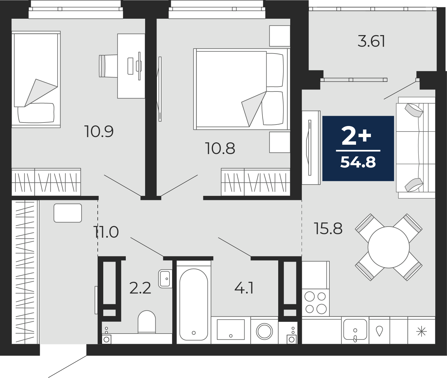 Планировка: Евротрешка 59.7 м² в ЖК Прео, Тюменская слобода