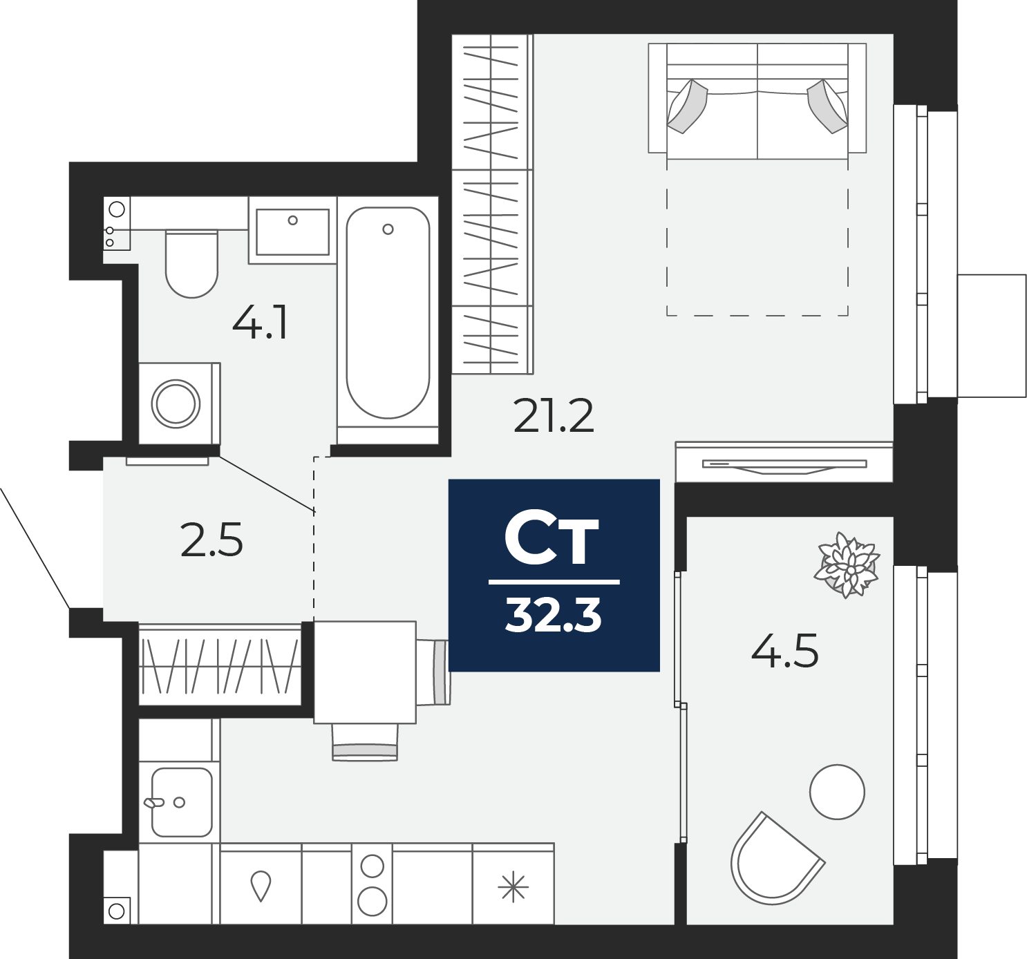 Планировка: Студия 33 м² в ЖК Беринг, Лесобаза
