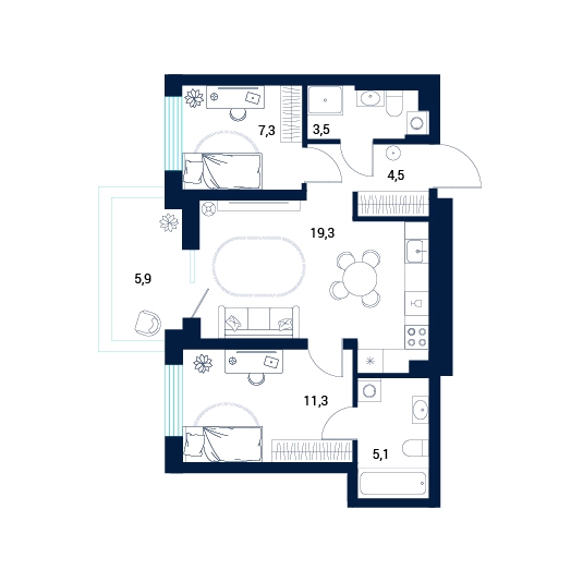 Планировка: 2-комнатная 56.9 м² в ЖК AIRIS, Комарово Парк