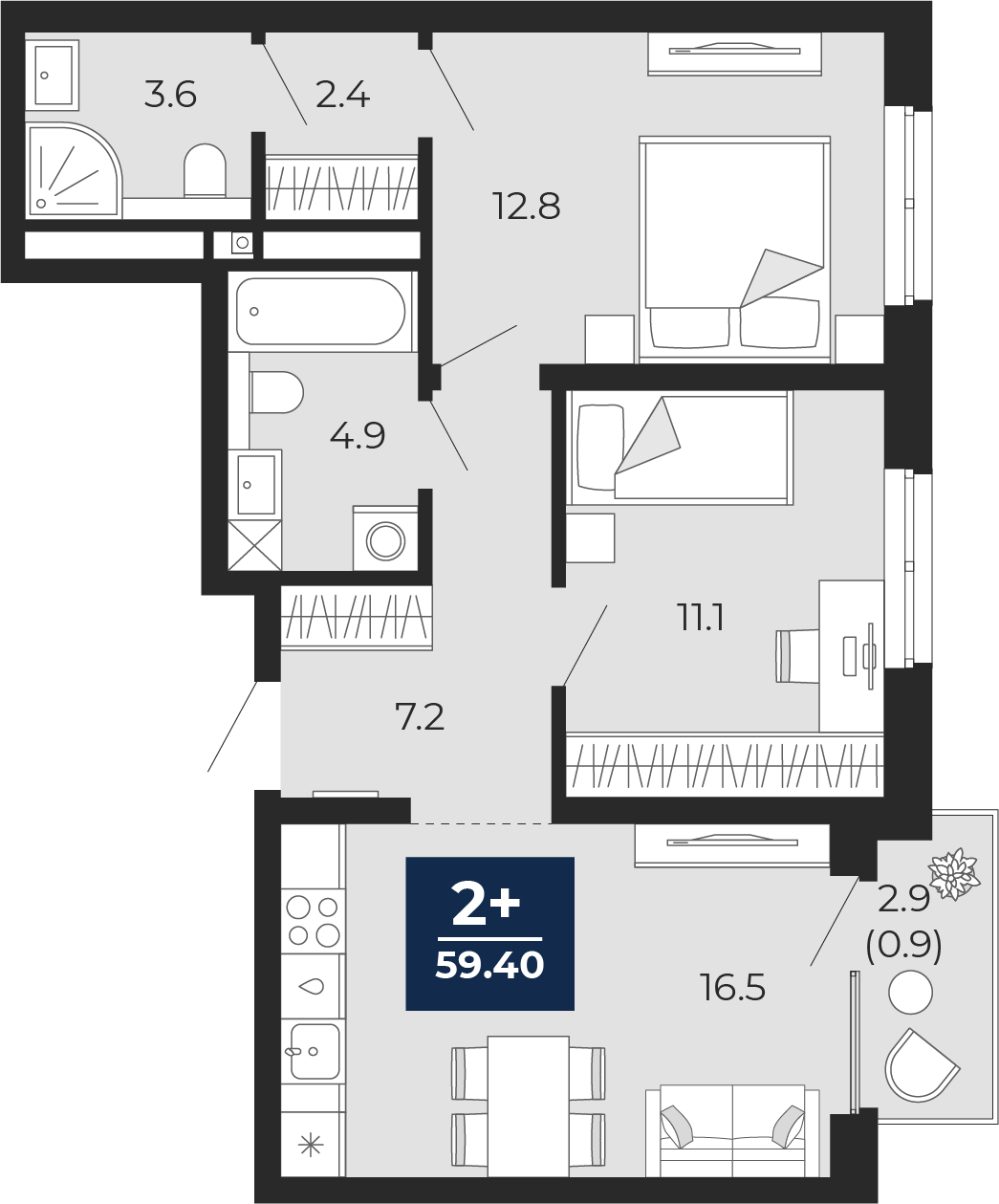Планировка: Евротрешка 61.4 м² в ЖК Мириады, Мыс