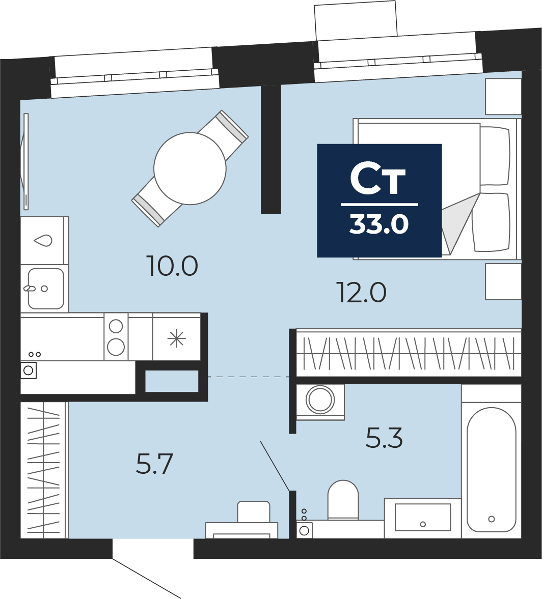 Планировка: Студия 33.7 м² в ЖК Прео, Тюменская слобода