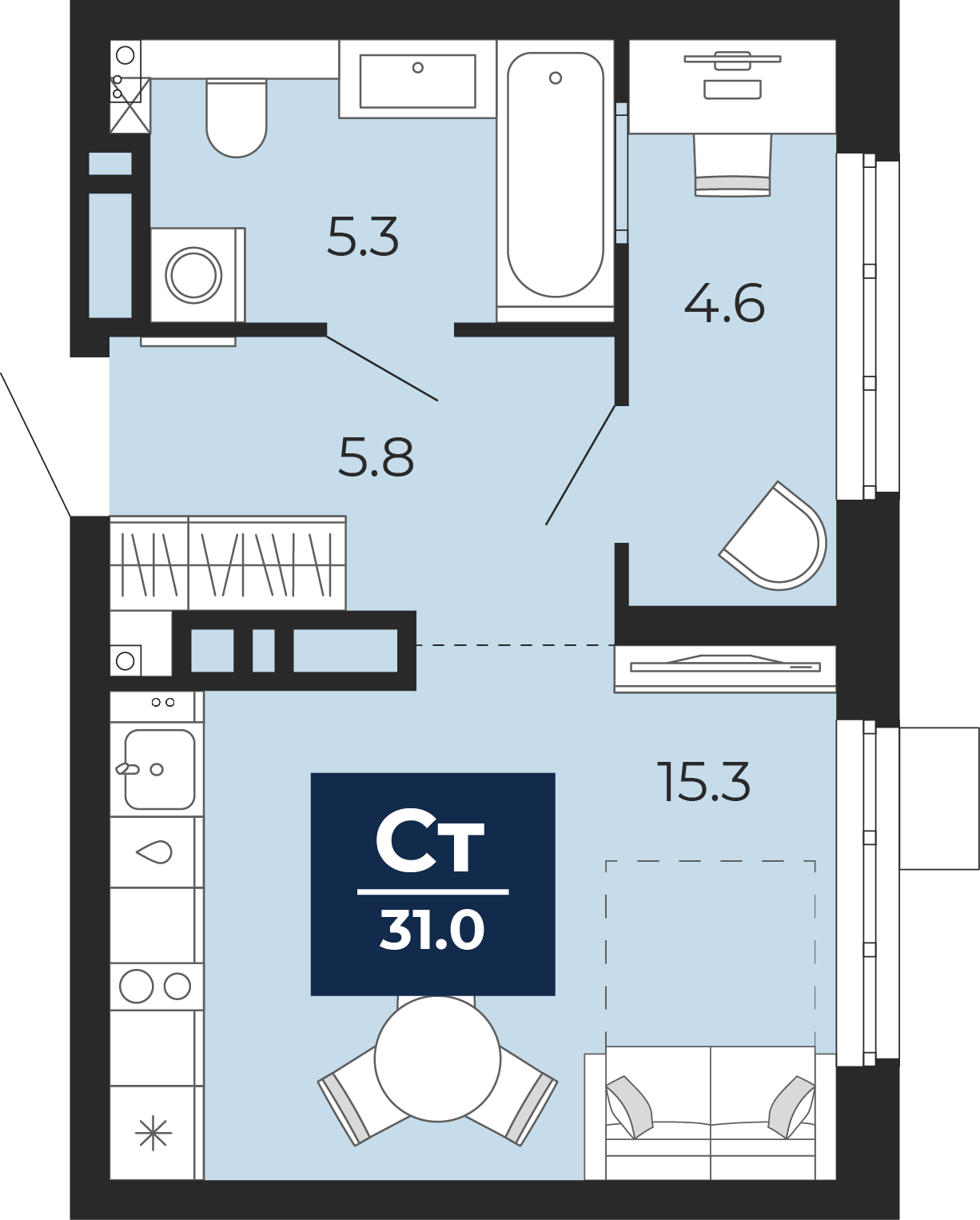 Планировка: Студия 31.4 м² в ЖК Беринг, Лесобаза