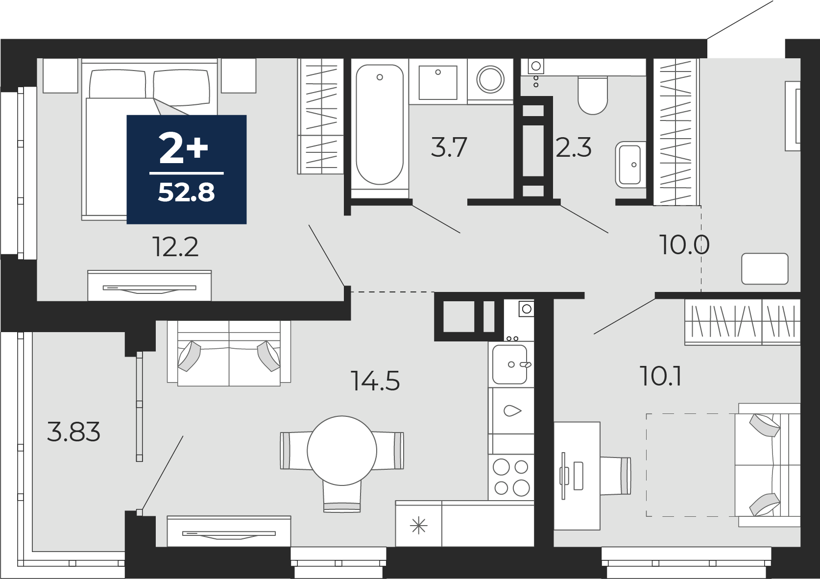 Планировка: Евротрешка 57.7 м² в ЖК Прео, Тюменская слобода