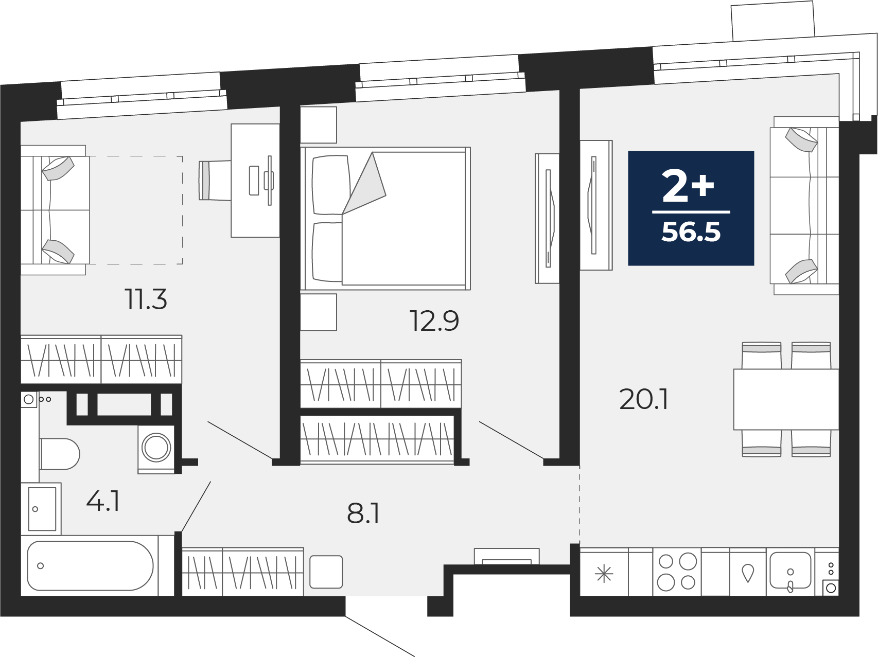 Планировка: Евротрешка 57.7 м² в ЖК Прео, Тюменская слобода