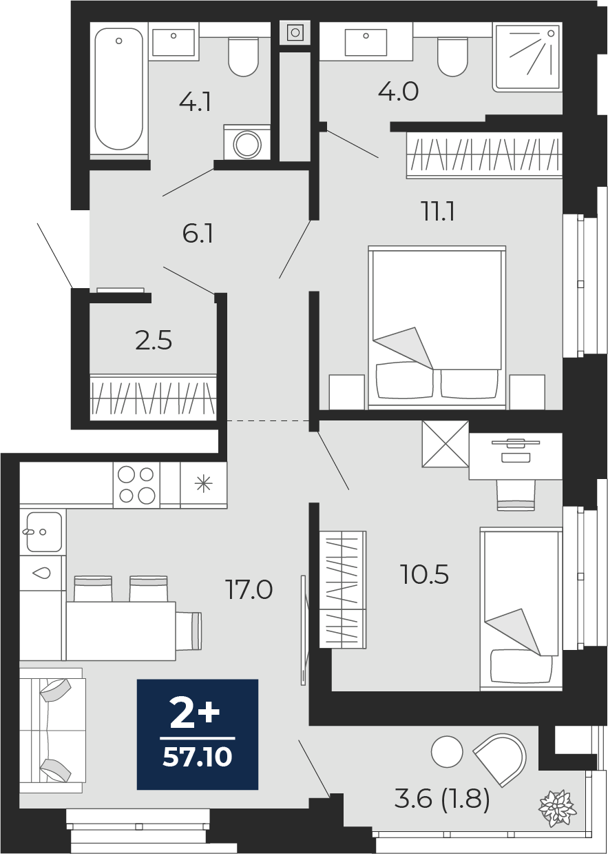 Планировка: Евротрешка 58.9 м² в ЖК Мириады, Мыс