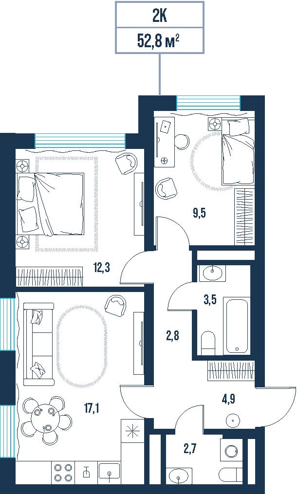 Планировка: Евротрешка 52.8 м² в ЖК AIRIS, Комарово Парк