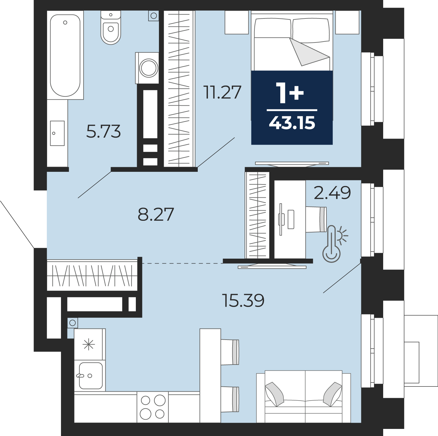 Планировка: Евродвушка 43.1 м² в ЖК Айвазовский, 5-й Заречный