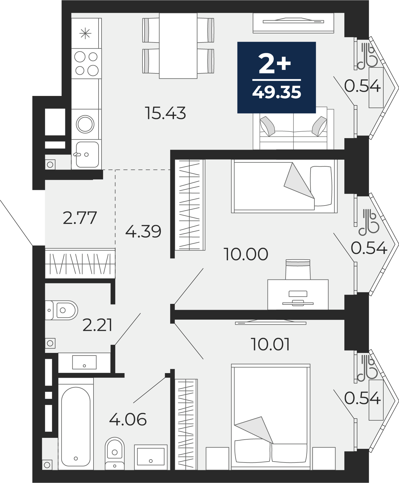Планировка: Евротрешка 50.5 м² в ЖК Айвазовский, 5-й Заречный