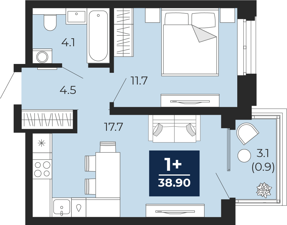 Планировка: Евродвушка 41.1 м² в ЖК Мириады, Мыс