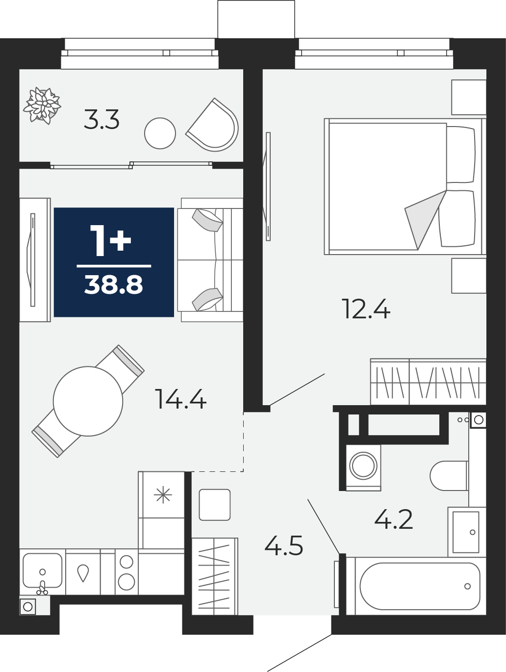 Планировка: Евродвушка 39.7 м² в ЖК Прео, Тюменская слобода