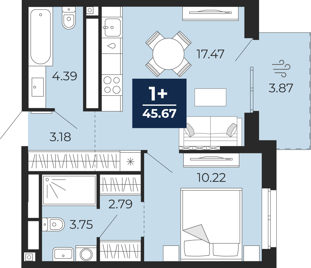 Планировка: Евродвушка 45.7 м² в ЖК Мириады, Мыс