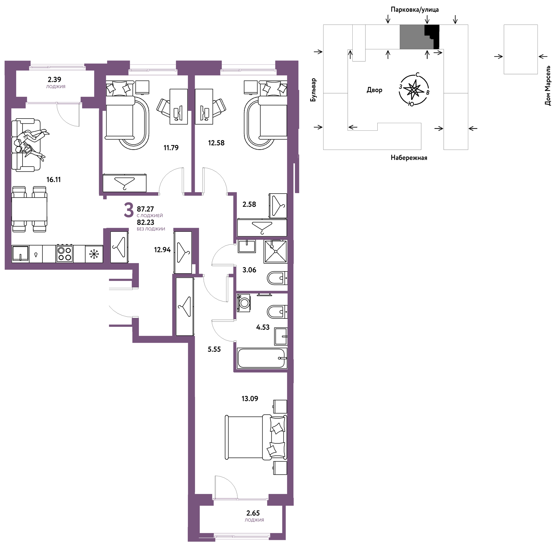 Планировка: 4-комнатная евро 87.3 м² в ЖК Европейский берег 2.0, Европейский