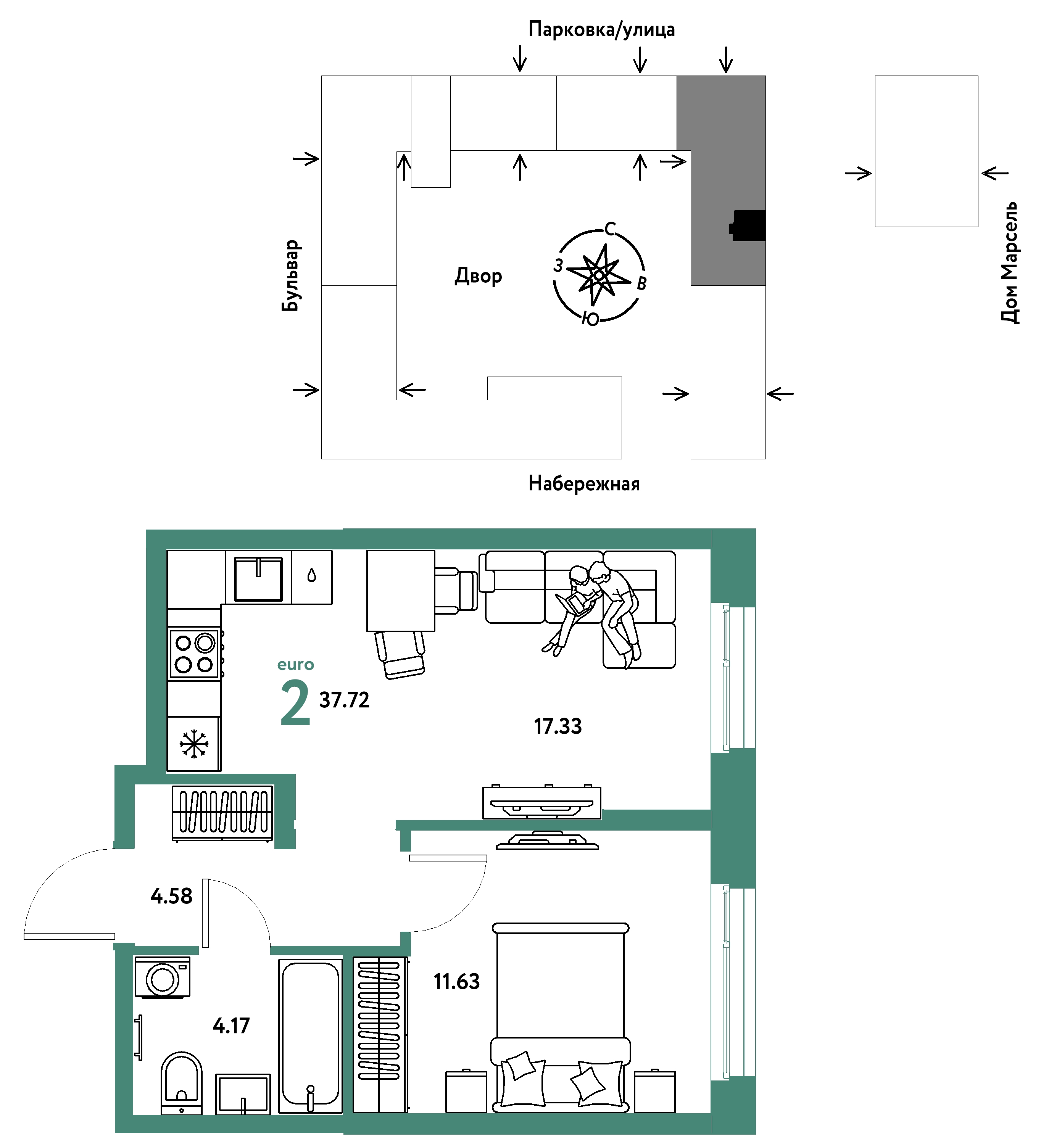 Планировка: Евродвушка 37.7 м² в ЖК Европейский берег 2.0, Европейский