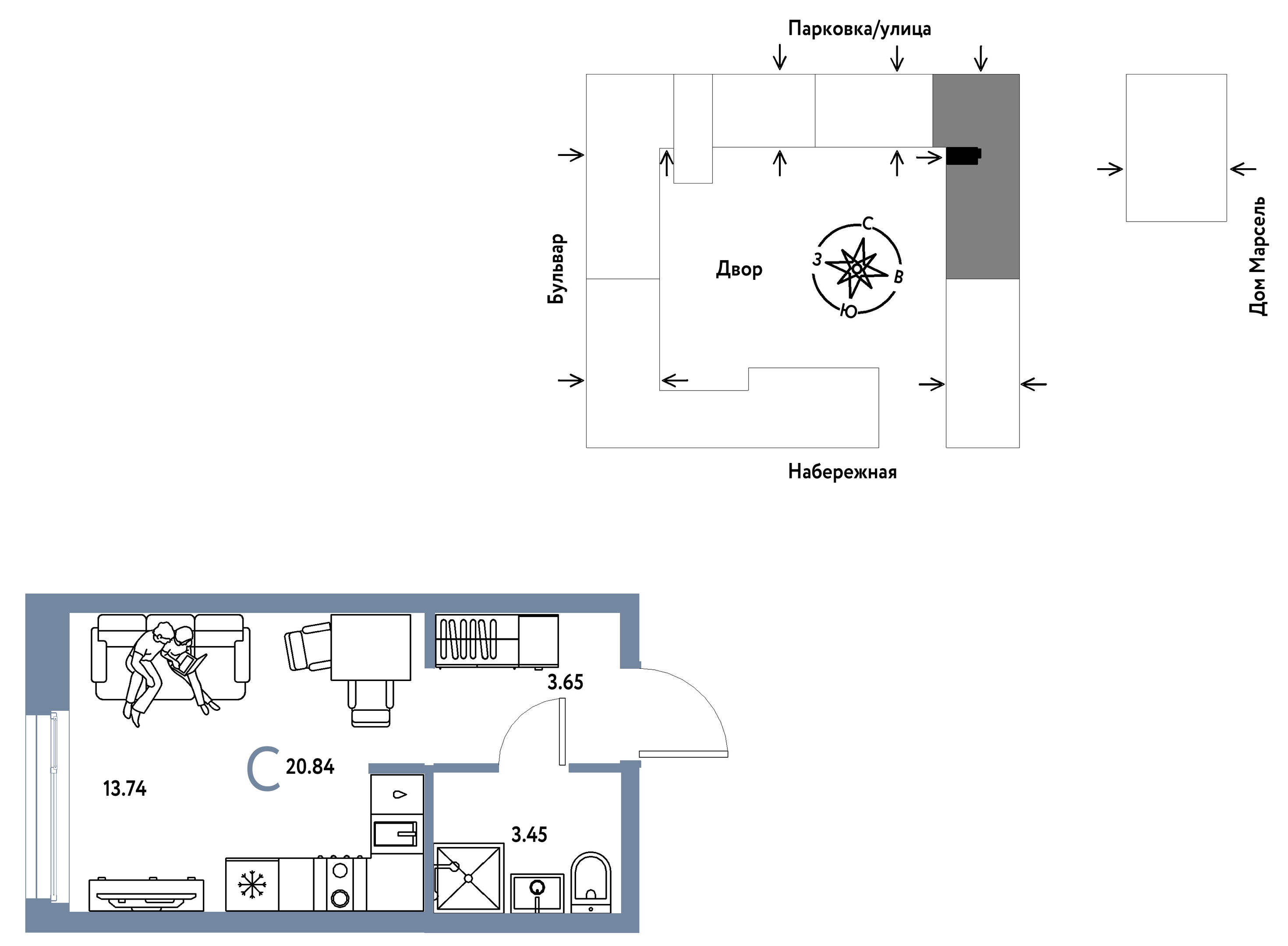 Планировка: Студия 20.8 м² в ЖК Европейский берег 2.0, Европейский