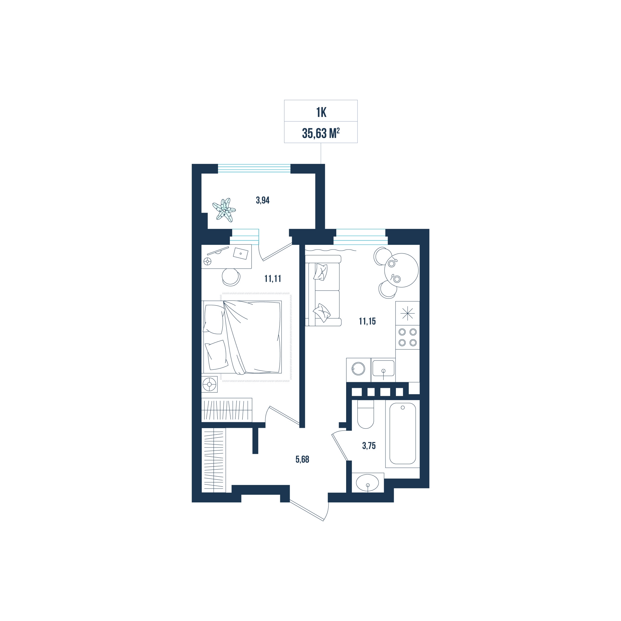 Планировка: 1-комнатная 35.6 м² в ЖК Смородина, Мелиораторов