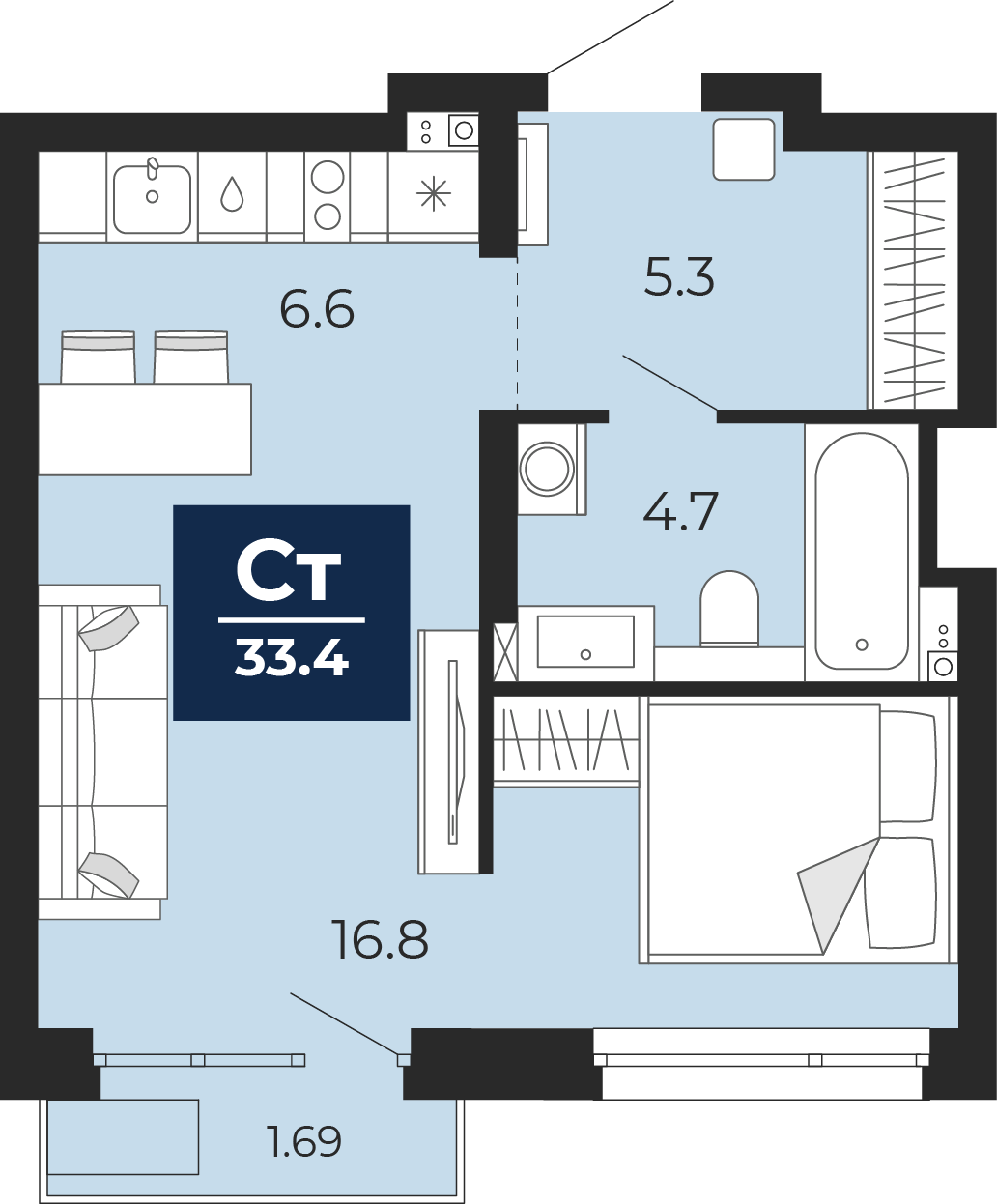 Планировка: Студия 35.6 м² в ЖК Прео, Тюменская слобода