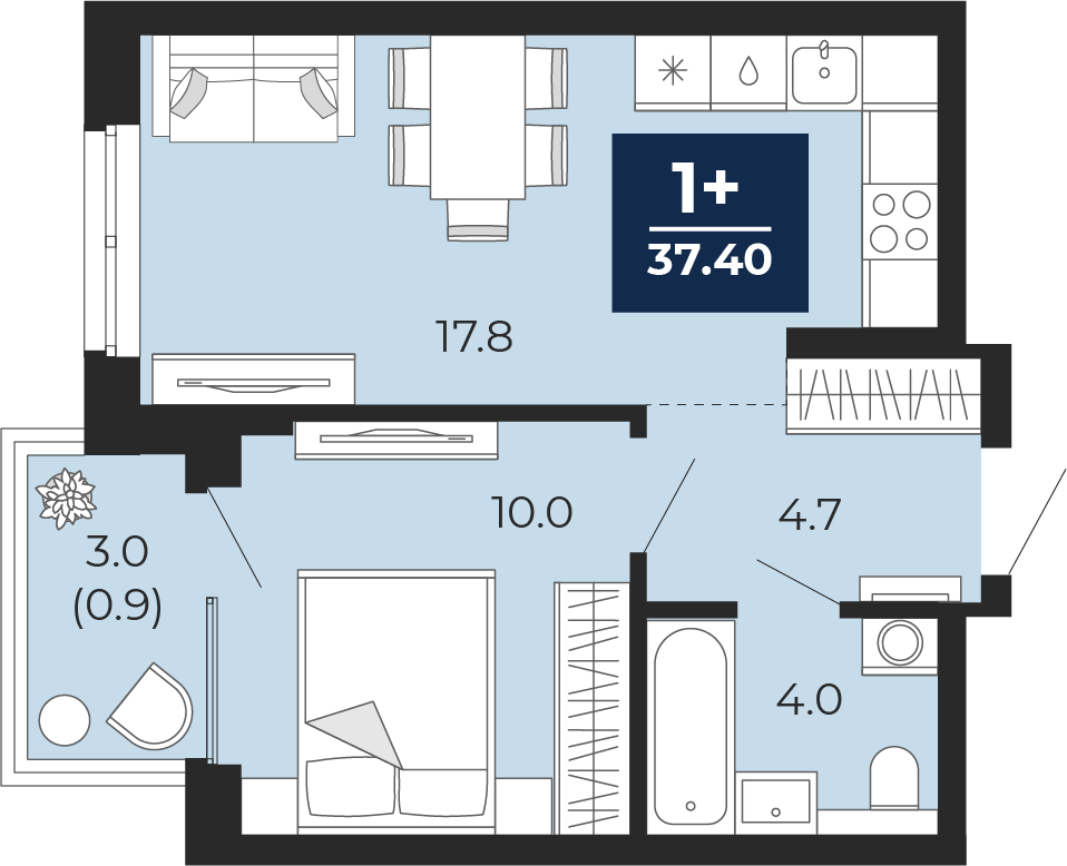 Планировка: Евродвушка 39.5 м² в ЖК Мириады, Мыс