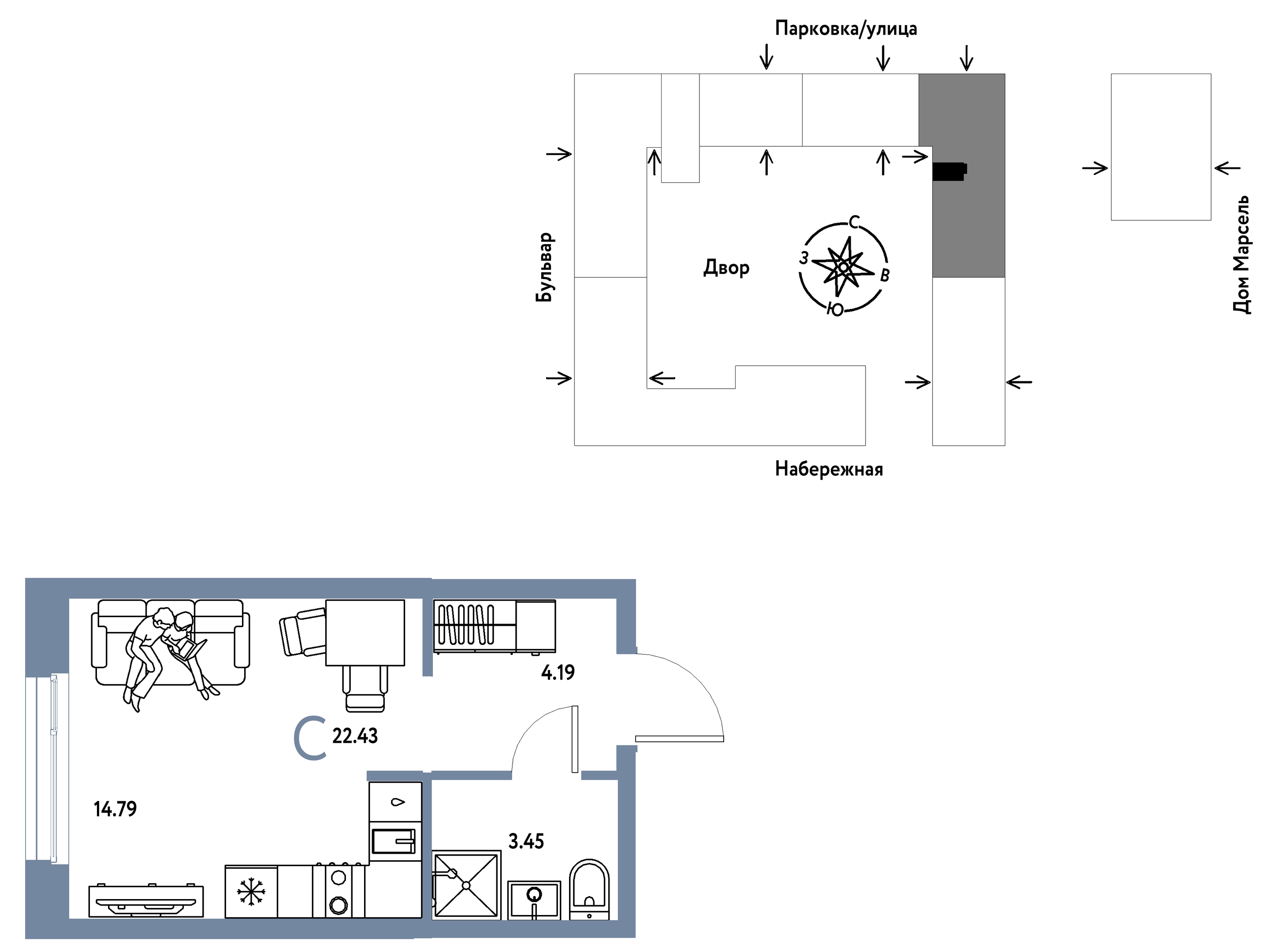 Планировка: Студия 22.4 м² в ЖК Европейский берег 2.0, Европейский