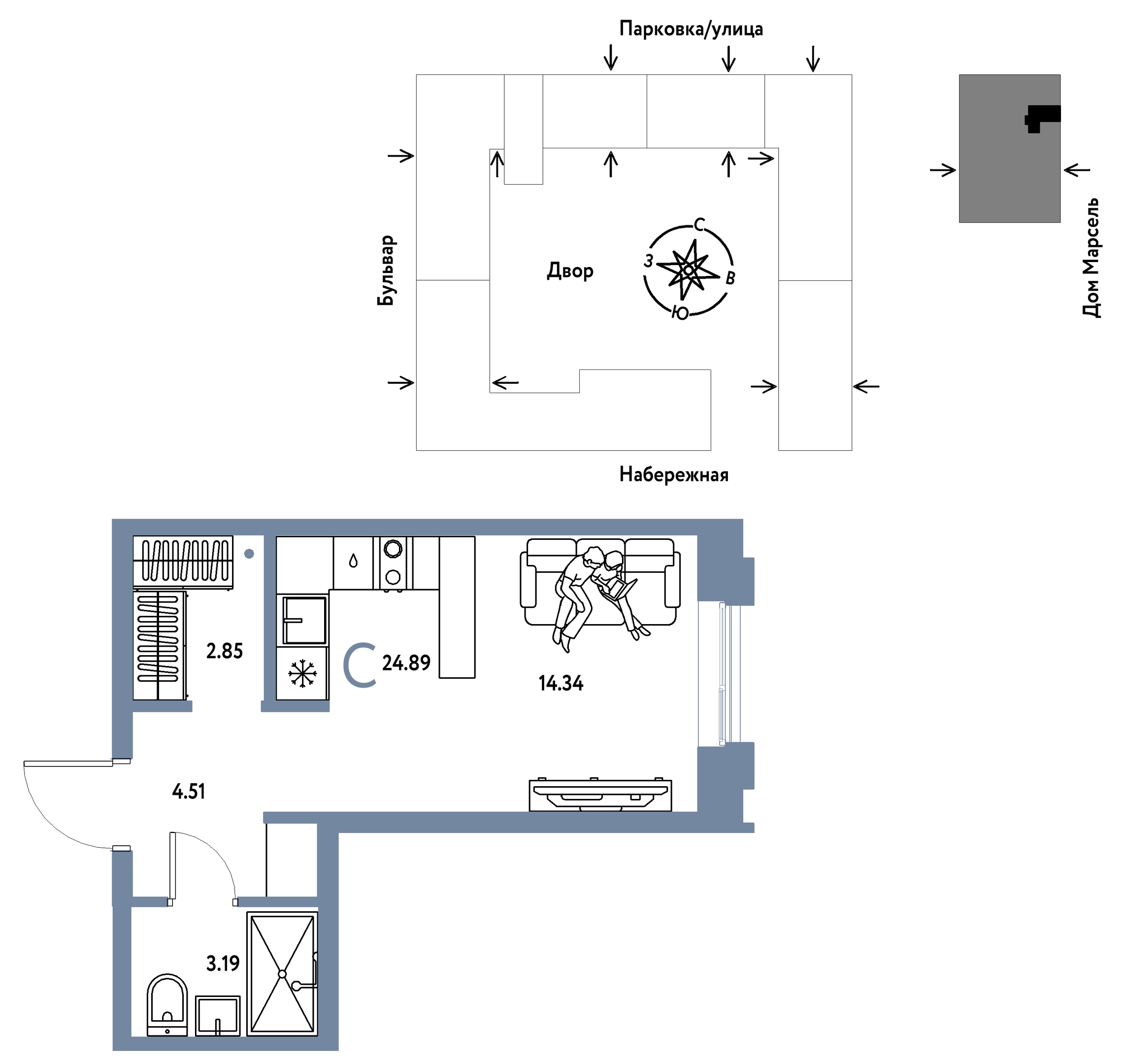 Планировка: Студия 24.9 м² в ЖК Европейский берег 2.0, Европейский