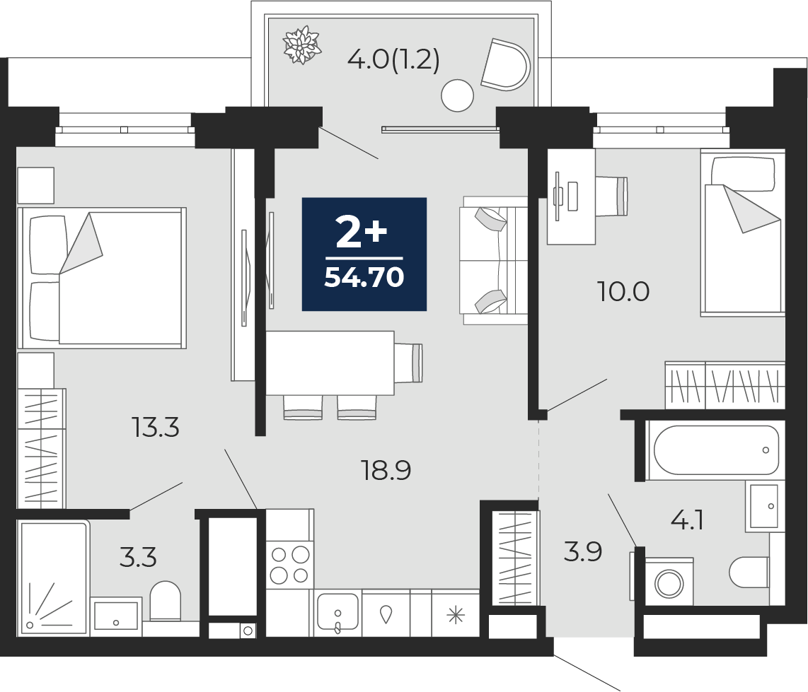 Планировка: Евротрешка 57.5 м² в ЖК Мириады, Мыс