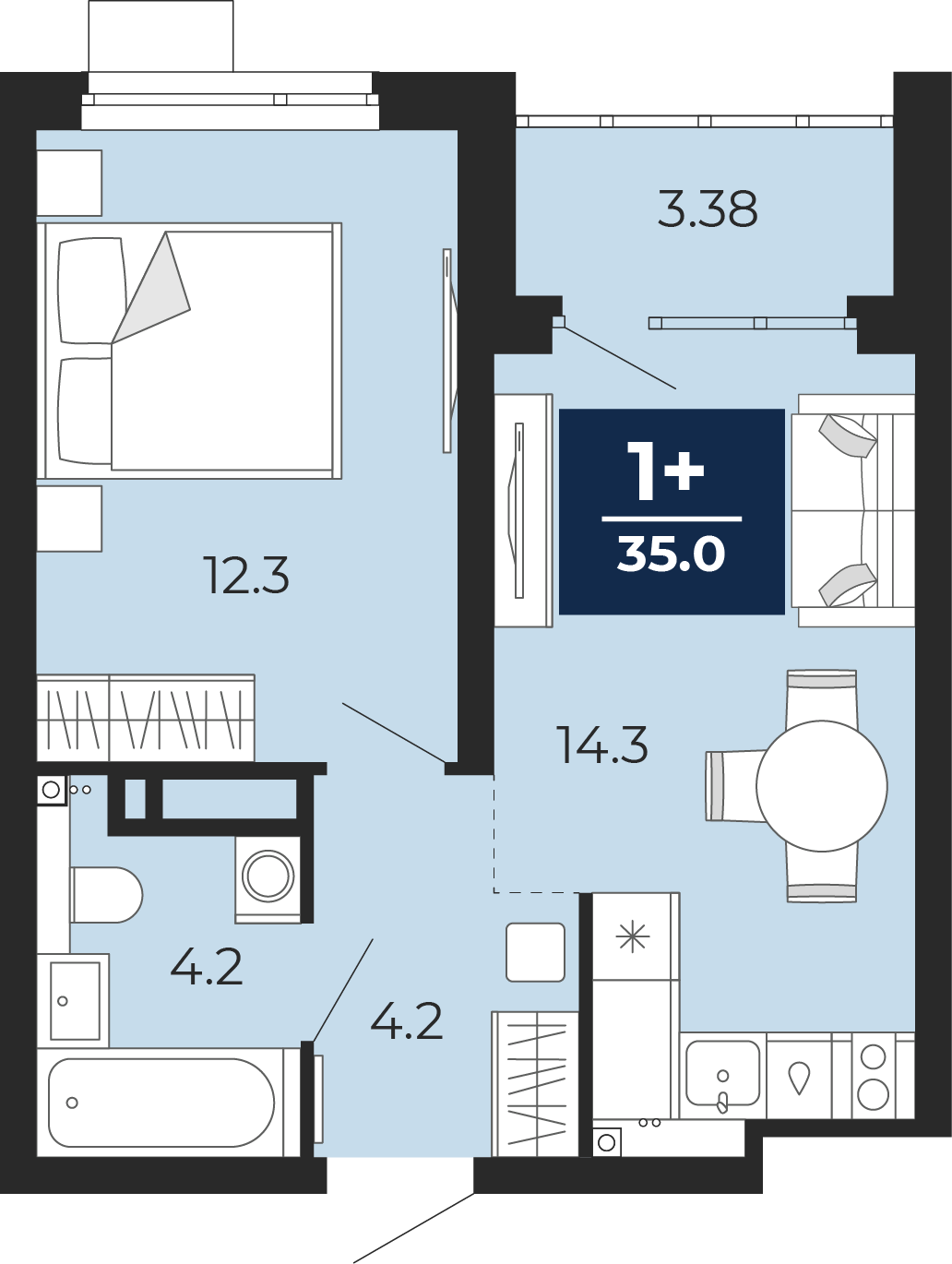 Планировка: Евродвушка 39 м² в ЖК Прео, Тюменская слобода