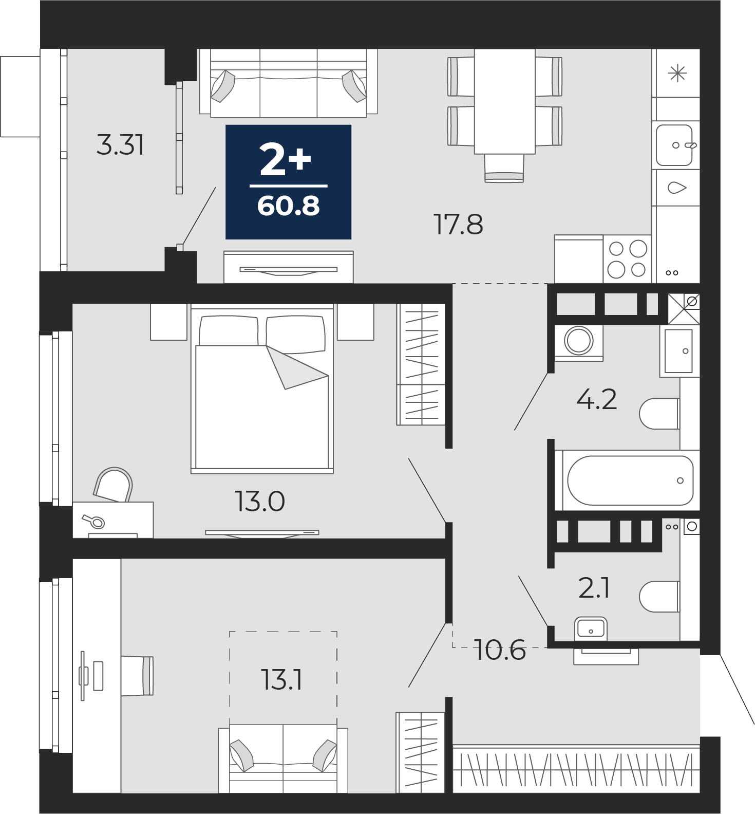 Планировка: Евротрешка 65.3 м² в ЖК Прео, Тюменская слобода