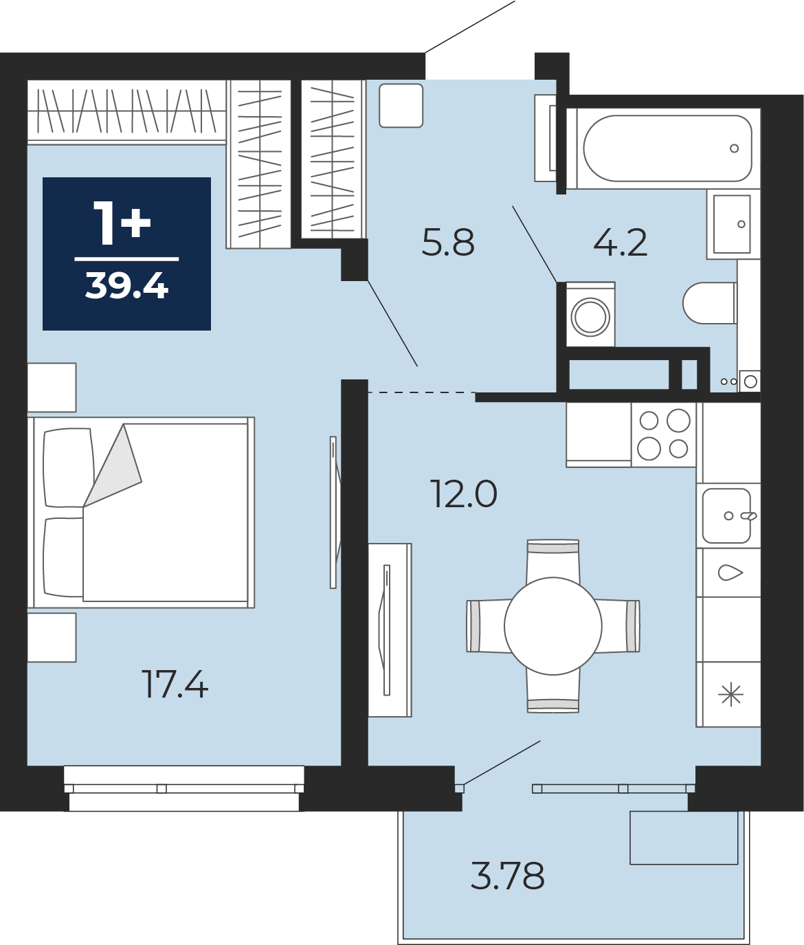Планировка: 1-комнатная 43.9 м² в ЖК Прео, Тюменская слобода