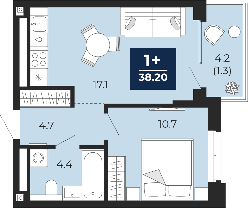 Планировка: Евродвушка 41.1 м² в ЖК Мириады, Мыс