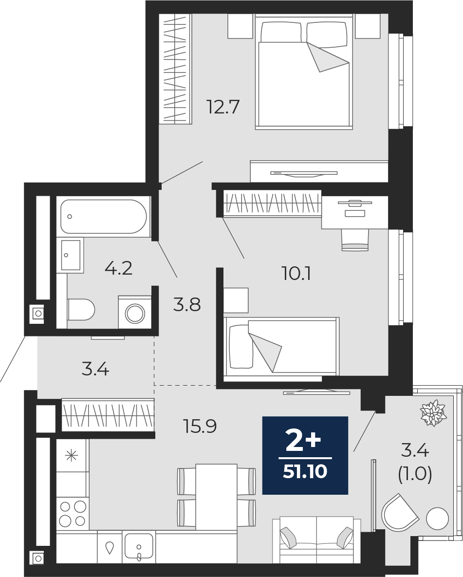 Планировка: Евротрешка 53.5 м² в ЖК Мириады, Мыс