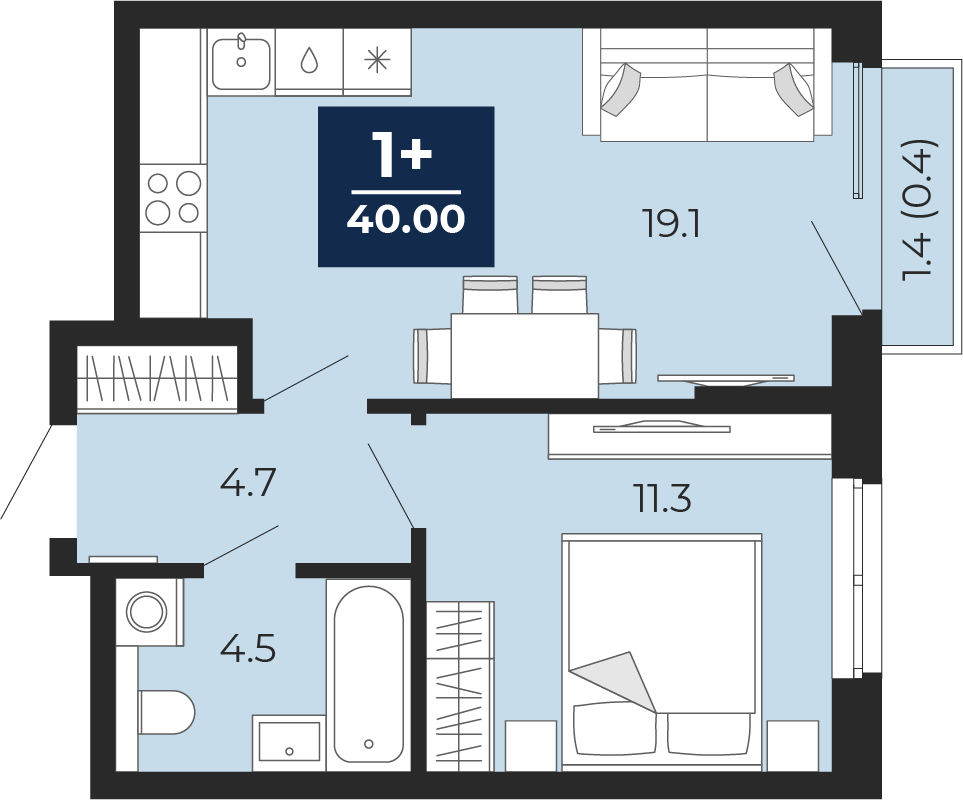 Планировка: Евродвушка 41 м² в ЖК Мириады, Мыс