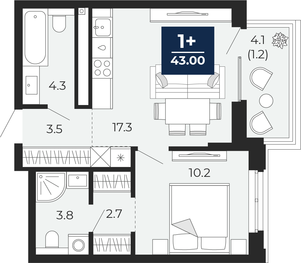 Планировка: Евродвушка 45.9 м² в ЖК Мириады, Мыс