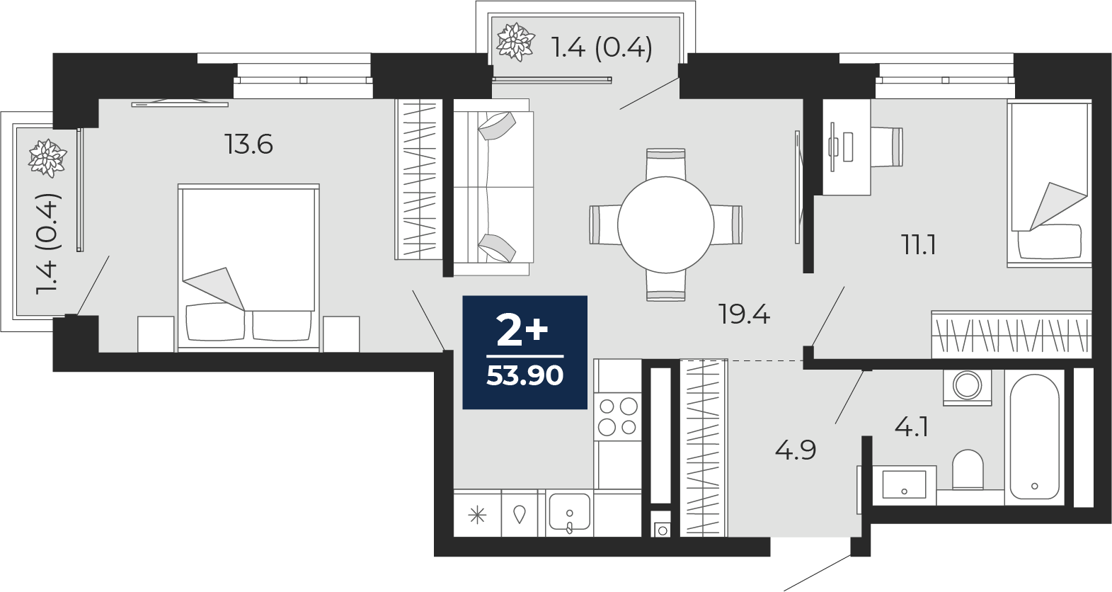 Планировка: Евротрешка 55.9 м² в ЖК Мириады, Мыс
