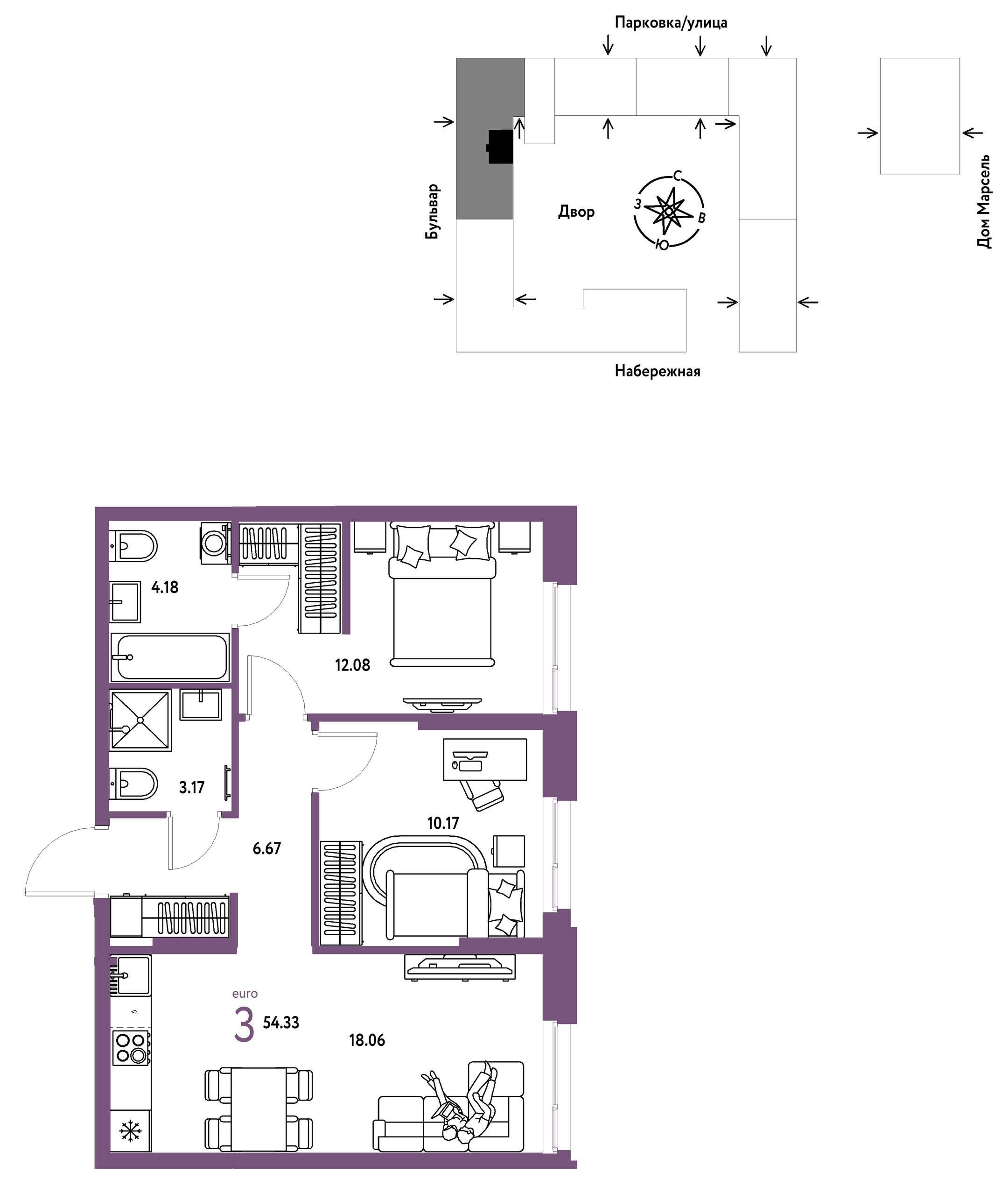 Планировка: Евротрешка 54.3 м² в ЖК Европейский берег 2.0, Европейский