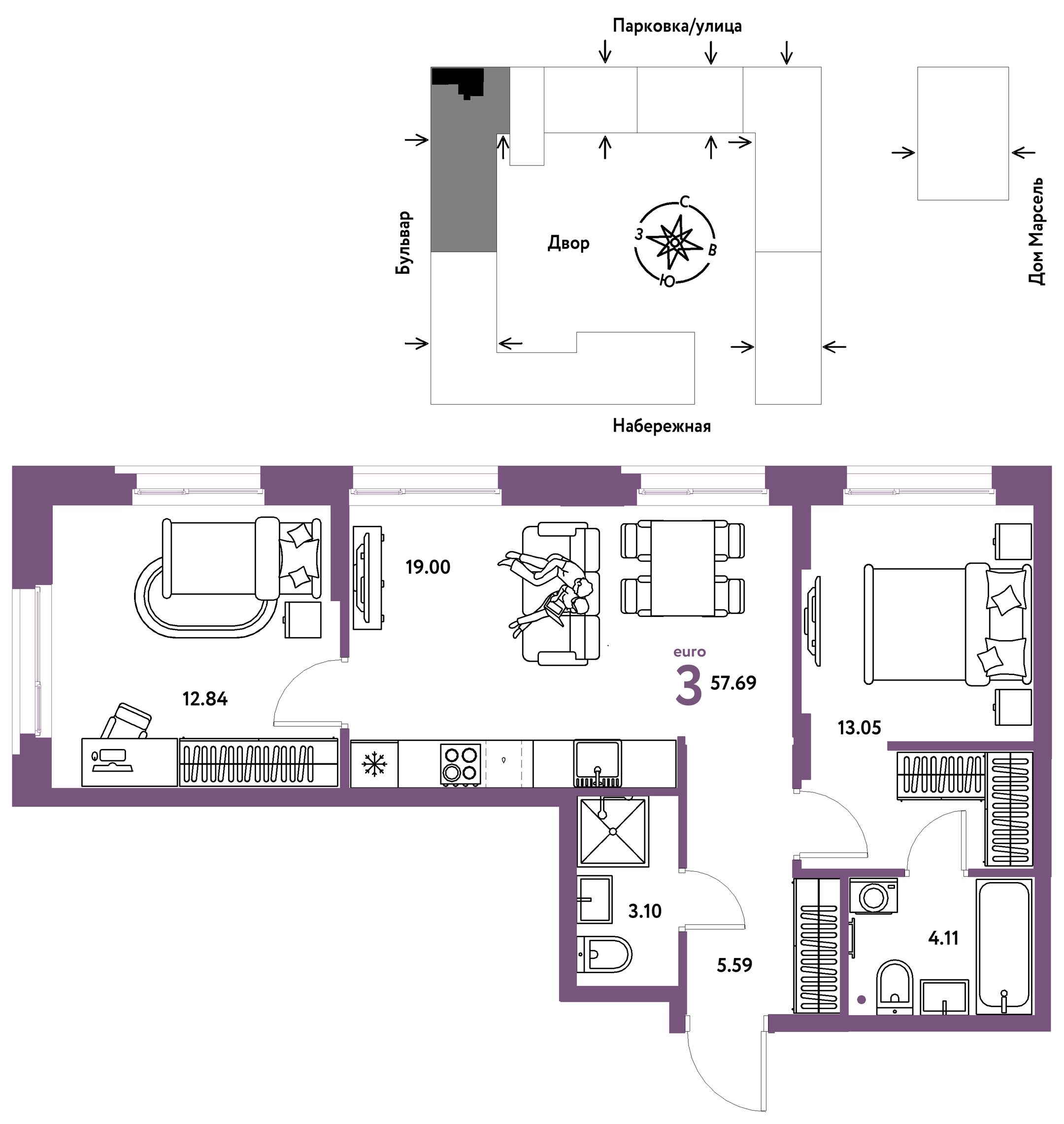 Планировка: Евротрешка 57.7 м² в ЖК Европейский берег 2.0, Европейский
