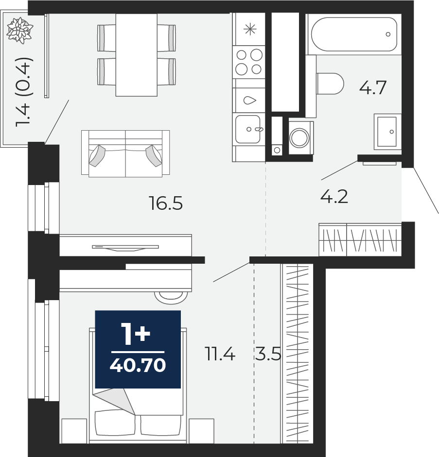 Планировка: Евродвушка 41.7 м² в ЖК Мириады, Мыс