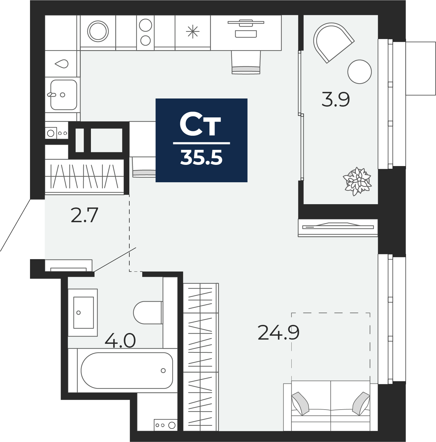 Планировка: Студия 36.1 м² в ЖК Беринг, Лесобаза