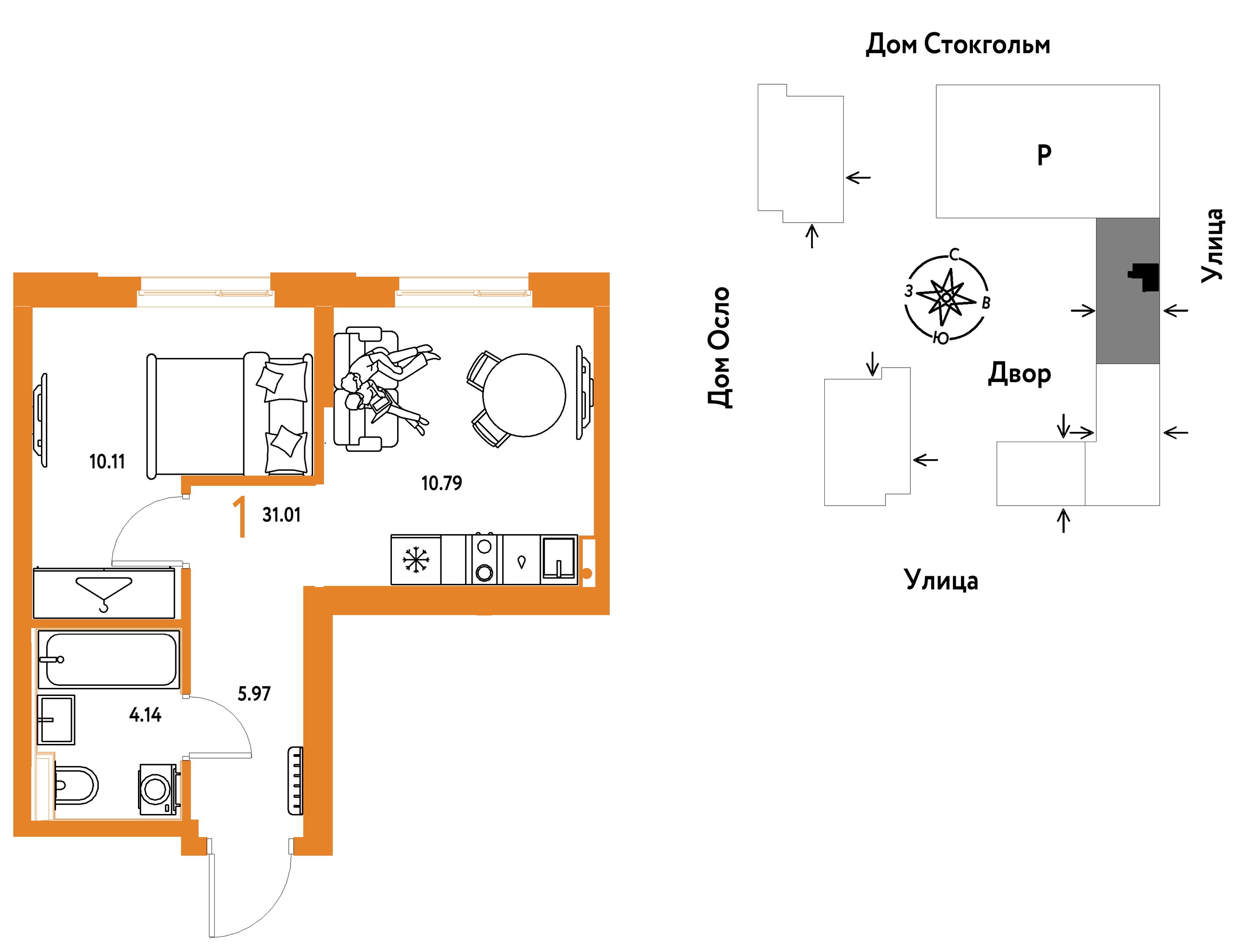 Планировка: 1-комнатная 31 м² в ЖК Европейский берег 2.0, Европейский