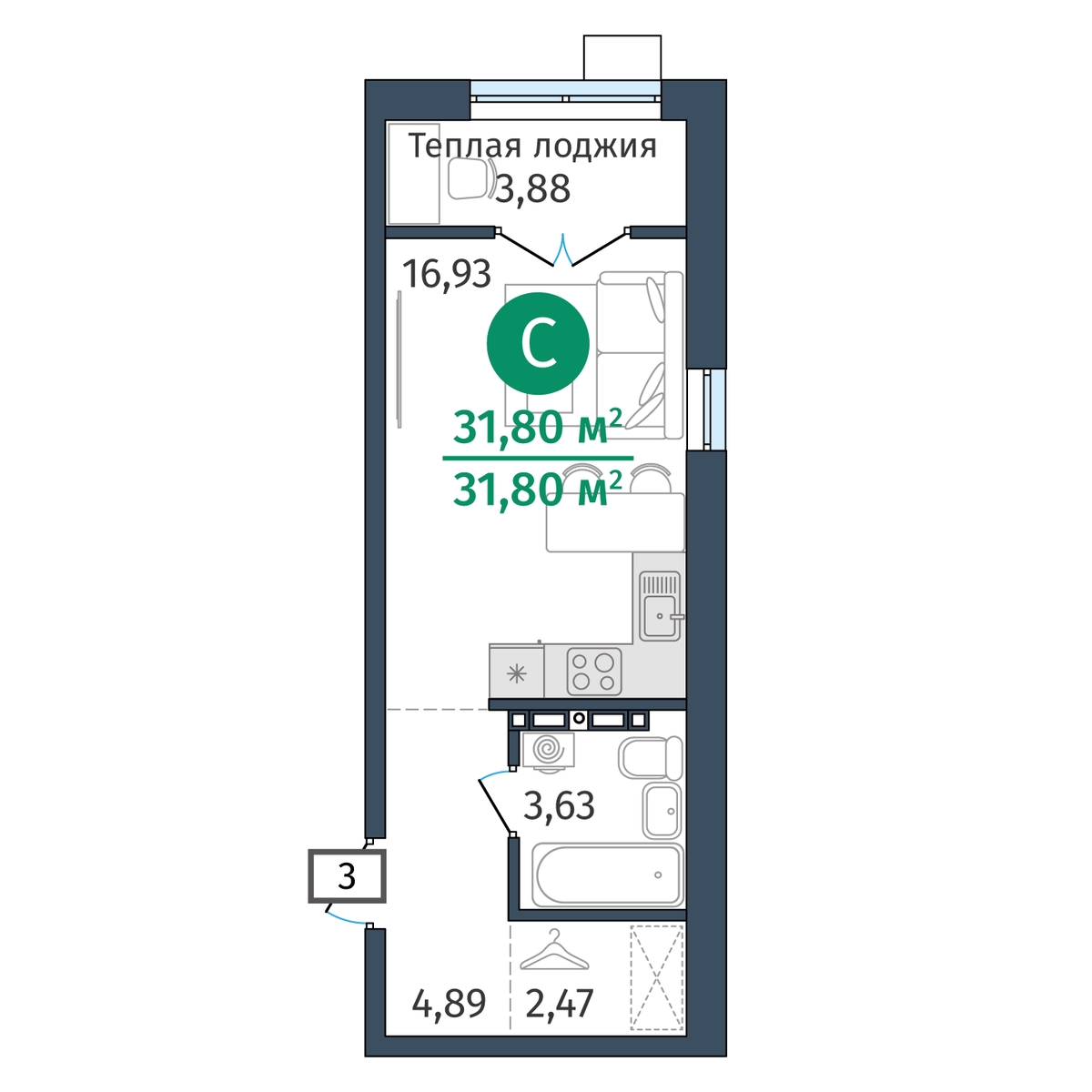 Планировка: Студия 31.8 м² в ЖК Гринвуд, От Слободы до Комарово парк