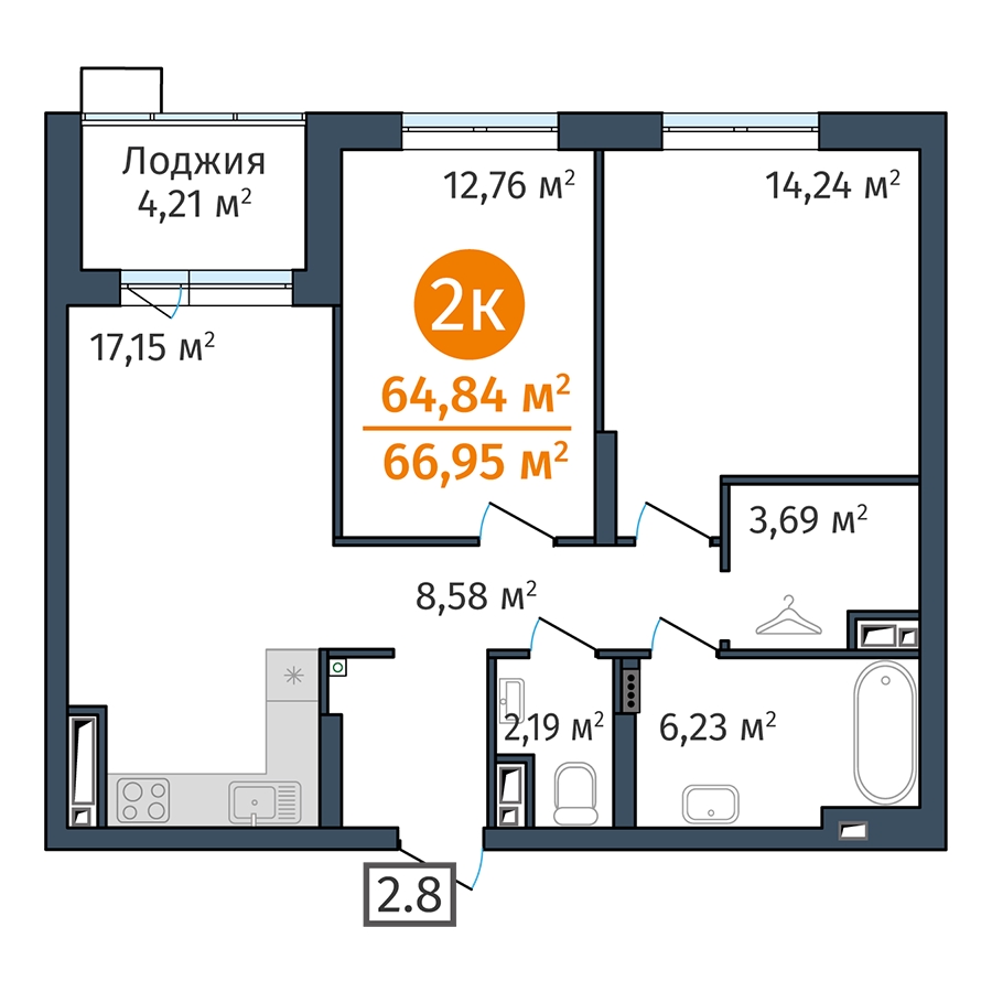 Планировка: Евротрешка 67 м² в ЖК DOK, ДОК