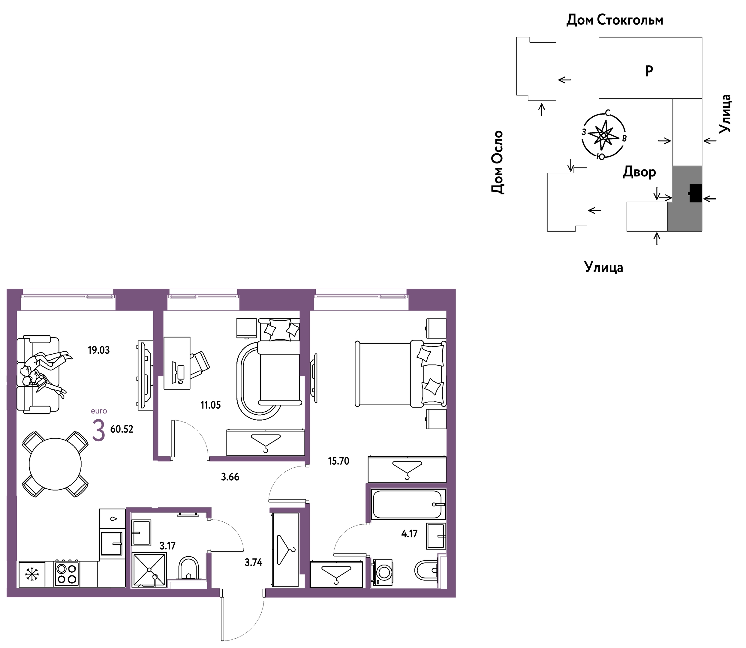 Планировка: Евротрешка 60.5 м² в ЖК Европейский берег 2.0, Европейский